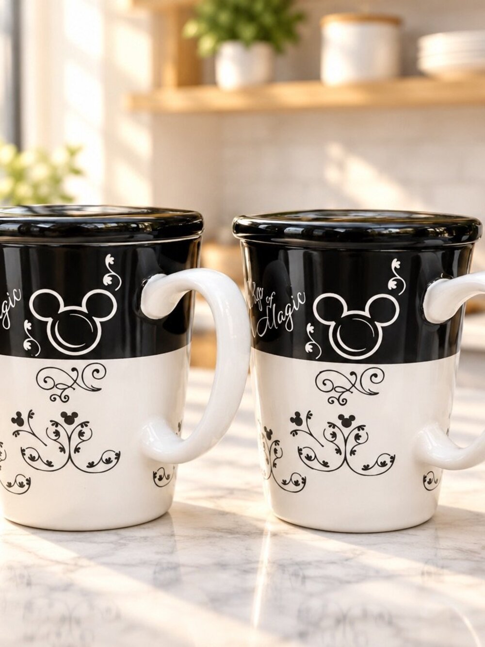 Disney Parks Cup Of Magic Ceramic Mug Pair With Lids Black & White Mickey Design